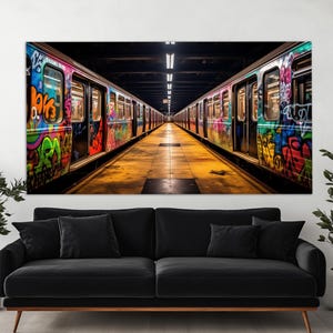 Metro Trains on Subway Station Painted With Graffiti Canvas Print, Urban Canvas Wall Art, Abstract Subway Wall Art, Underground Wall Decor