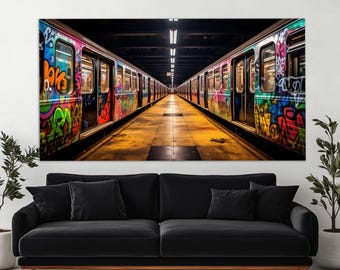 Metro Trains on Subway Station Painted With Graffiti Canvas Print, Urban Canvas Wall Art, Abstract Subway Wall Art, Underground Wall Decor