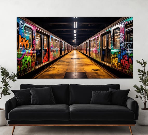Metro Trains on Subway Station Painted With Graffiti Canvas