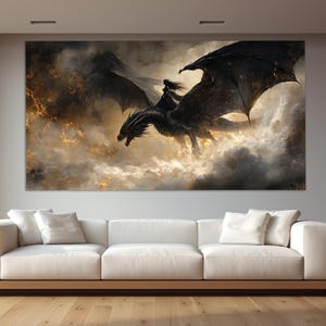 Fliegender Drache Leinwanddruck, abstraktes mittelalterliches Gemälde, Fantasy Wandkunst, Malerische Gothic Drachenmalerei, Fantasy Leinwandkunst, Drache Poster