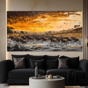 Migrazione degli gnu nelle savane del Kenya - Stampa su tela in stile pittura ad olio, Arte murale con animali, Dipinto del Kenya, Poster di gnu