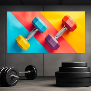 Colorful Dumbbells Canvas Print, Women Fitness Wall Art, Gym Wall Decor, Bodybuilding Canvas Art, Girl Weightlifter Gift, Dumbbells Poster