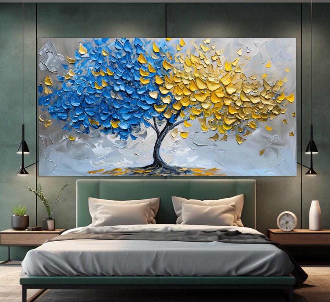 Abstract Blue and Yellow Tree Canvas Print in an Oil Painting Style ...