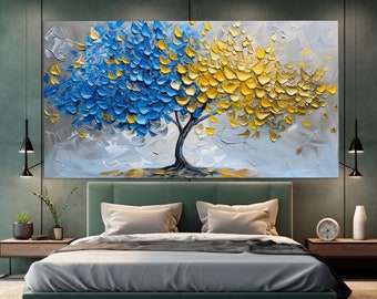 Abstract Blue and Yellow Tree Canvas Print in an Oil Painting Style, Abstract Tree Painting, Luxury Bedroom Wall Decor, Modern Office Decor