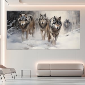 Wolves in Winter Forest Canvas Print in a Vintage Oil Painting Style, Neutral Colors Wall Art, Wolf Painting, Animals Wall Decor image 1