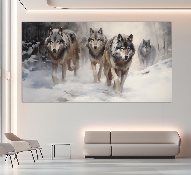 Wolves in Winter Forest Canvas Print in a Vintage Oil Painting Style, Neutral Colors Wall Art, Wolf Painting, Animals Wall Decor image 1