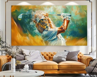 Impresión en lienzo de golf, pintura de león jugando al golf, arte de pared de golf, póster de golf, regalo para fanáticos del golf, decoración de palos de golf, decoración de pared de golf