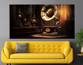 Impresión en lienzo de gramófono vintage, arte mural musical, regalo para amantes de la música, pintura de gramófono, decoración de piano bar, arte mural vintage para interiores.