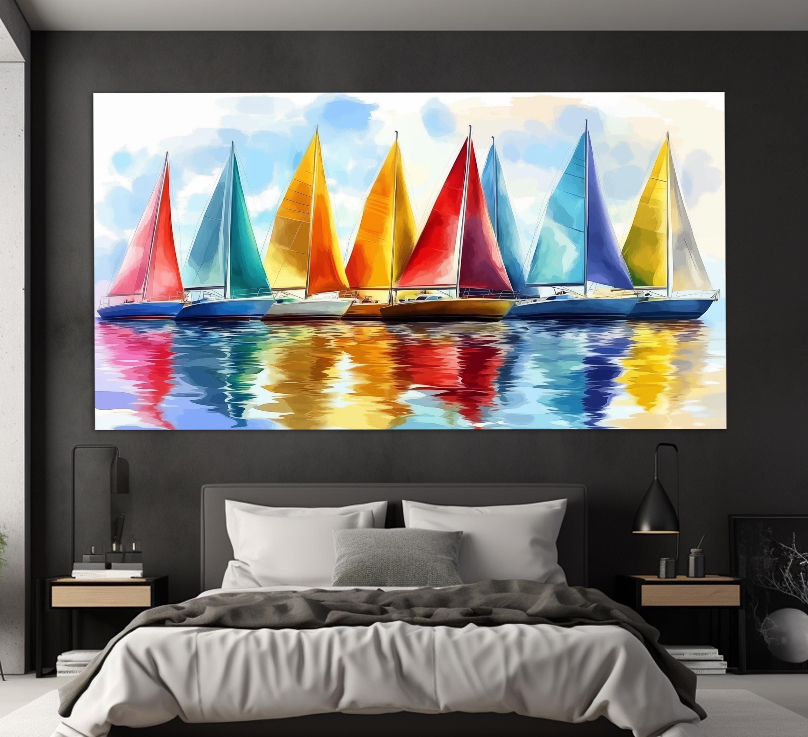 Colorful Sailboats Canvas Print in a Watercolor Painting Style, Sailing ...