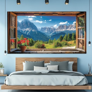 Stampa su tela con vista panoramica sulle Alpi estive da una finestra aperta, arte murale sulle montagne, decorazione murale per camera da letto, poster con finestra finta, arte su tela incorniciata