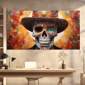 Day of the Dead Wall Art, Mexican Style Skull Canvas Print, Abstract Day of the Dead Painting, Mexican Wall Decor, Day of the Dead Skeleton