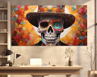 Arte mural del Día de Muertos, Impresión en lienzo de calavera de estilo mexicano, Pintura abstracta del Día de Muertos, Decoración de pared mexicana, Esqueleto del Día de Muertos
