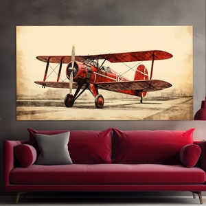 Impressão em tela de biplano vintage, arte de parede de aeronave, presente de piloto, pintura de biplano retrô, impressão em tela de aeronave abstrata