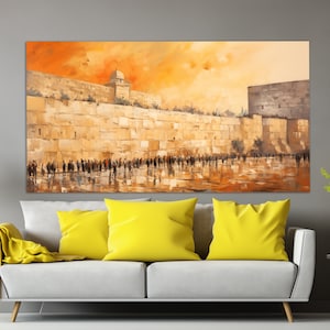 Impression sur toile Mur des lamentations dans la vieille ville de Jérusalem dans un style de peinture à l'huile vintage, peinture murale des lamentations, tons doux d'art mural de Jérusalem
