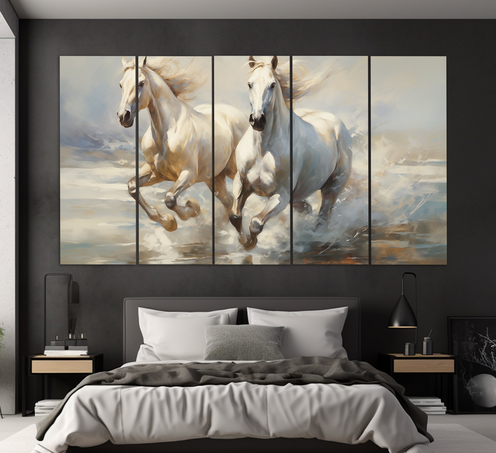 White Horses Canvas Print in a Vintage Oil Painting Style, Horses Wall ...