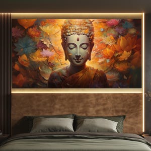 Stampa su tela di Buddha con foglie autunnali, arte murale buddista, regalo buddista, dipinto di Buddha, arte murale di Buddha, tela incorniciata