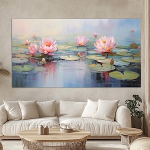 Abstract Lotus Flowers Canvas Print in a Vintage Oil Painting Style, Floral Wall Decor, Water Lily Wall Art, Lily Painting, Lotus Flower Art