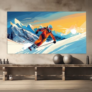 Skiing Canvas Print in a Pop Art Style, Ski Wall Art, Abstract Skier Painting, Ski Poster, Winter Sports Canvas Art, Skier Gift image 1