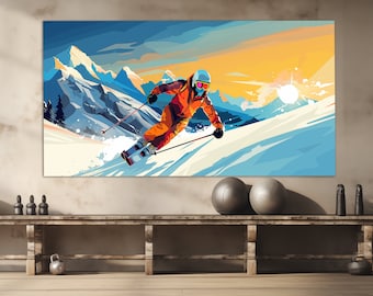 Skiing Canvas Print in a Pop Art Style, Ski Wall Art, Abstract Skier Painting, Ski Poster, Winter Sports Canvas Art, Skier Gift