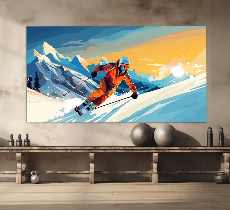 Skiing Canvas Print in a Pop Art Style, Ski Wall Art, Abstract Skier Painting, Ski Poster, Winter Sports Canvas Art, Skier Gift image 1