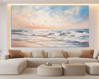 Impresión en lienzo de gaviotas sobre el mar en estilo de pintura al óleo vintage, arte mural marino en colores neutros, pintura marina en tonos suaves, decoración moderna para dormitorio.