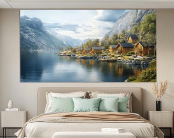 Scenic Fjords Landscape Canvas Print, Fjords Painting, Abstract Fjords Wall Art, Norway Painting, Fjords Poster, Norway Canvas Print
