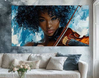 Impresión en lienzo de una hermosa violinista afroamericana en estilo de pintura, pintura musical, arte mural musical, regalo de violinista, impresión de violinista