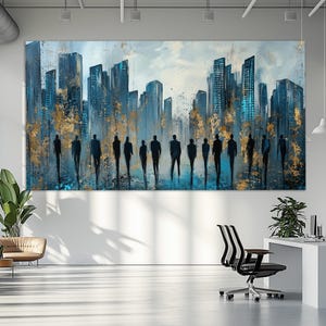 Abstract People among Skyscrapers Canvas Print in a Painting Style, Modern Office Wall Decor, Business Canvas Wall Art