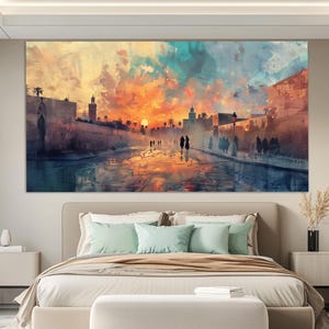 Marrakesch Mystisch Morgen Leinwanddruck in einem Vintage Ölmalerei Stil, Marokko Wandkunst, Marokko Leinwandkunst, abstrakte Marokko Malerei