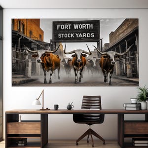 Impresión en lienzo de los Fort Worth Running Bulls, arte mural de Fort Worth, póster de Fort Worth Stock Yards, rodeo de Fort Worth, listo para colgar