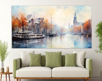 Amsterdam Canvas Print in a Vintage Oil Painting Style, Abstract Amsterdam Wall Art, Amsterdam Painting, Netherlands Wall Art