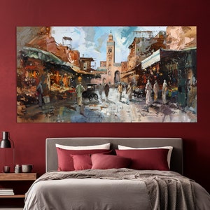 Marrakech Downtown Canvas Print in a Vintage Oil Painting Style, Morocco Wall Art, Morocco Canvas Art, Abstract Morocco Painting