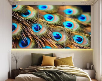 Impresión en lienzo de plumas de pavo real, pintura de plumas, arte mural de animales, pintura de pavo real, decoración moderna del hogar, decoración de pared colorida