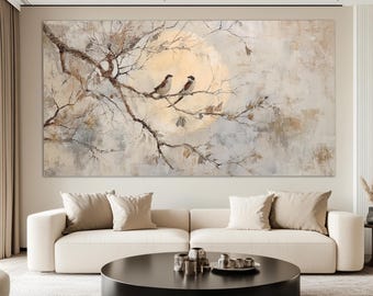 Impressão minimalista em tela de pássaros em um galho, no estilo japonês com tons suaves.
