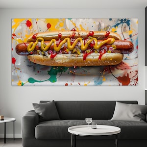 Abstract Hot Dog Canvas Print, Hot Dog Painting, Kitchen Wall Decor, Hot Dog Wall Art, Fast Food Restaurant Wall Decor, Hot Dog Print