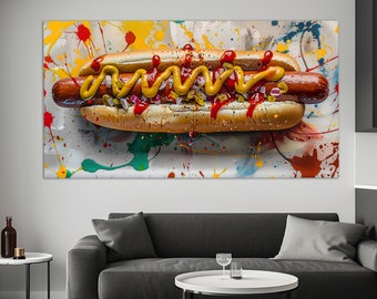 Hotdog and Hamburger Fire Art, Kitchen Canvas Prints, Set of 2