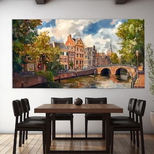 Utrecht Canvas Print in a Retro Oil Painting Style, Scenic Utrecht Downtown Painting, Abstract Utrecht Wall Art, Netherlands Canvas Art