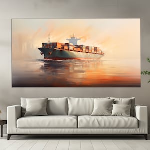 Containerschiff Leinwanddruck in einem Vintage Ölgemälde Stil, Frachtschiff Gemälde, Frachtboot Poster, Fracht Wanddekor