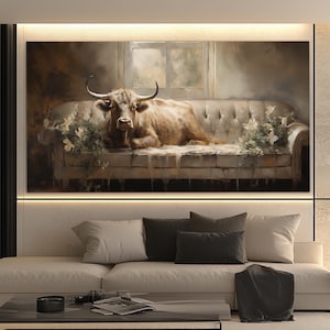 Cow on the Sofa Canvas Print, Farmhouse Wall Decor, Cow Painting, Cows Wall Art, Cute Cow Painting, Cow Canvas Print, Farm Wall Art