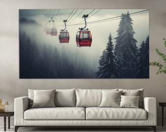 Impresión en lienzo de telesilla en un bosque neblinoso de invierno, arte mural de esquí, pintura de teleférico, póster de telesilla, arte mural de invierno, arte de deportes de invierno
