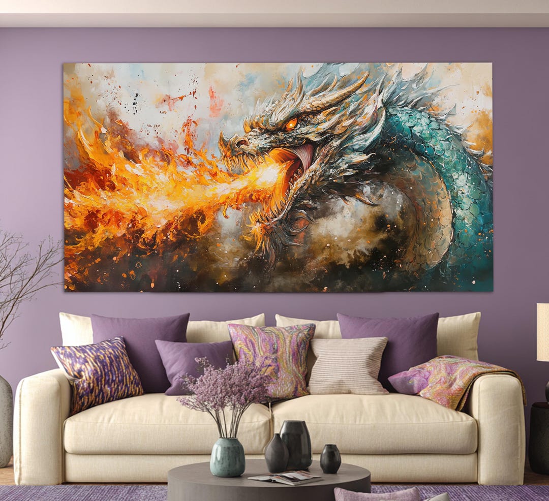 Fire Breathing Dragon Canvas Print in a Vintage Oil Painting Style ...