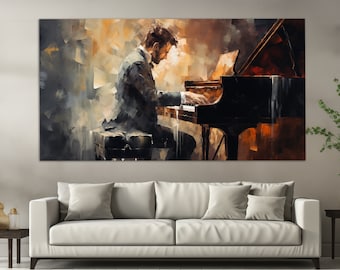 Pianist Playing Piano Canvas Print in Vintage Oil Painting Style, Pianist Painting, Music Wall Art, Pianist Gift, Music School Decor