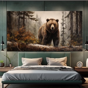 Grizzly Bär im nebligen Wald Leinwanddruck, Bären Wandkunst, Bär Malerei, Wilde Tiere Wandkunst, Großer Braunbär Leinwanddruck