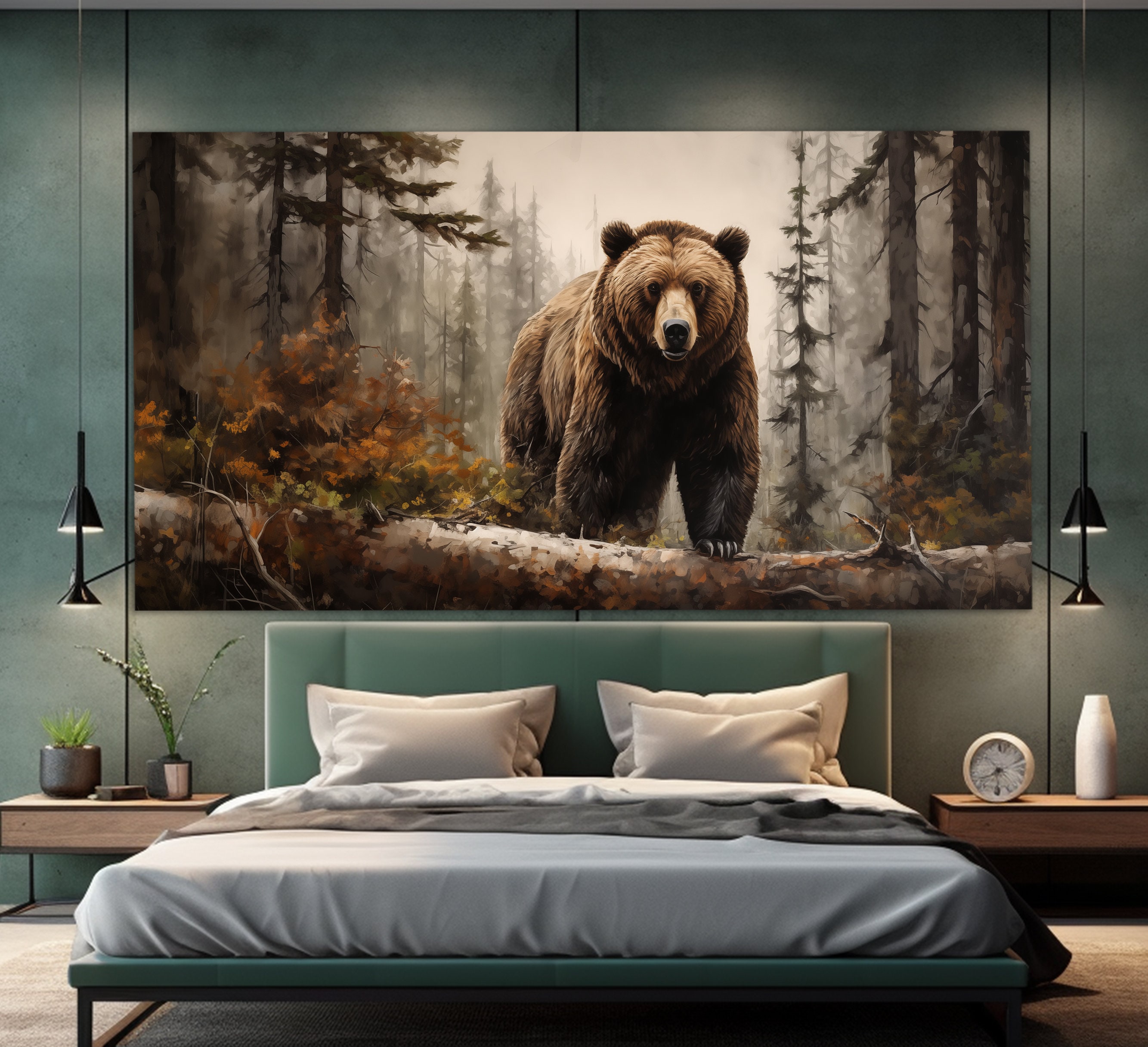Grizzly Bear in Misty Forest Canvas Print, Bears Wall Art, Bear Painting, Wild Animals Wall Art, Large Brown Bear Canvas Print