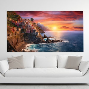 Amalfi Coast Village Canvas Print, Amalfi Painting, Sea Sunset Canvas Print, Italy Wall Art, Vintage Italian Coast Wall Art
