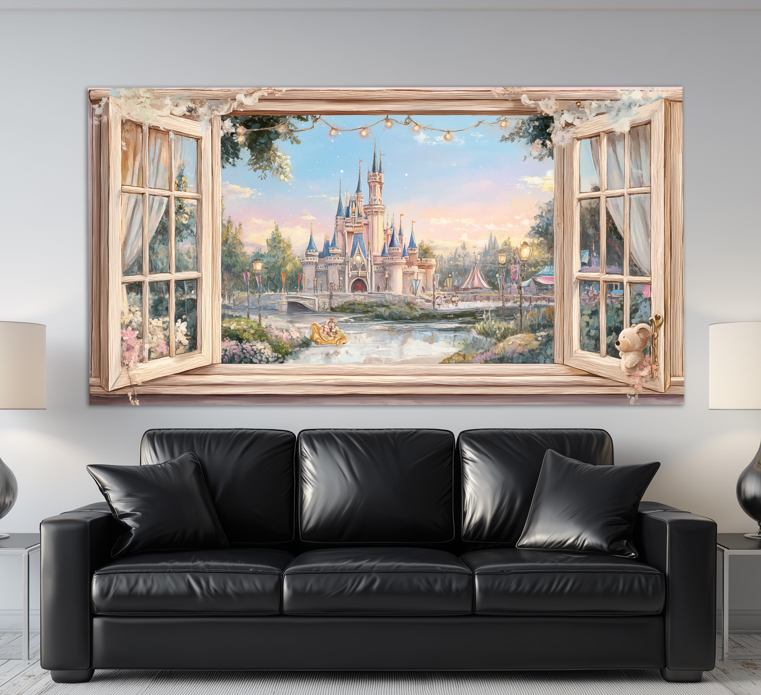 Fairytale Castle View From Open Window Canvas Print, Princess Castle ...