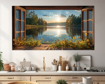 Forest Lake View from Open Window Canvas Print, Nature Wall Art, Forest Lake Print, Bedroom Wall Decor, Faux Window Poster