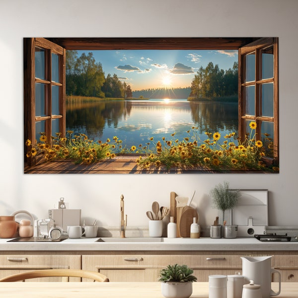 Impresión en lienzo con vista al lago del bosque desde una ventana abierta, arte mural natural, impresión del lago del bosque, decoración de pared para dormitorio, póster con ventana falsa