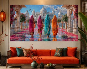 Journey of Grace in India Canvas Print, Indian Palace Procession Wall Art, Indian Women Art