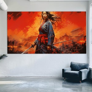 Samurai Woman Canvas Print in a Vintage Japanese Painting Style, Female Samurai Painting, Japanese Wall Art, Ancient Japan Canvas Art